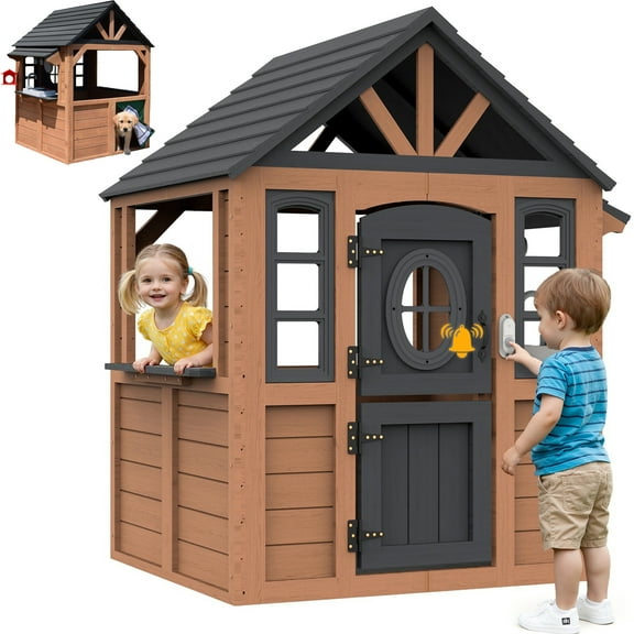 iYofe Outdoor Playhouse, Wooden Kids Playhouse with Play Kitchen, Working Doorbell, Bird Cage, Pet Door, Outdoor Kids Play Equipment Gift for Ages 2 , Brown