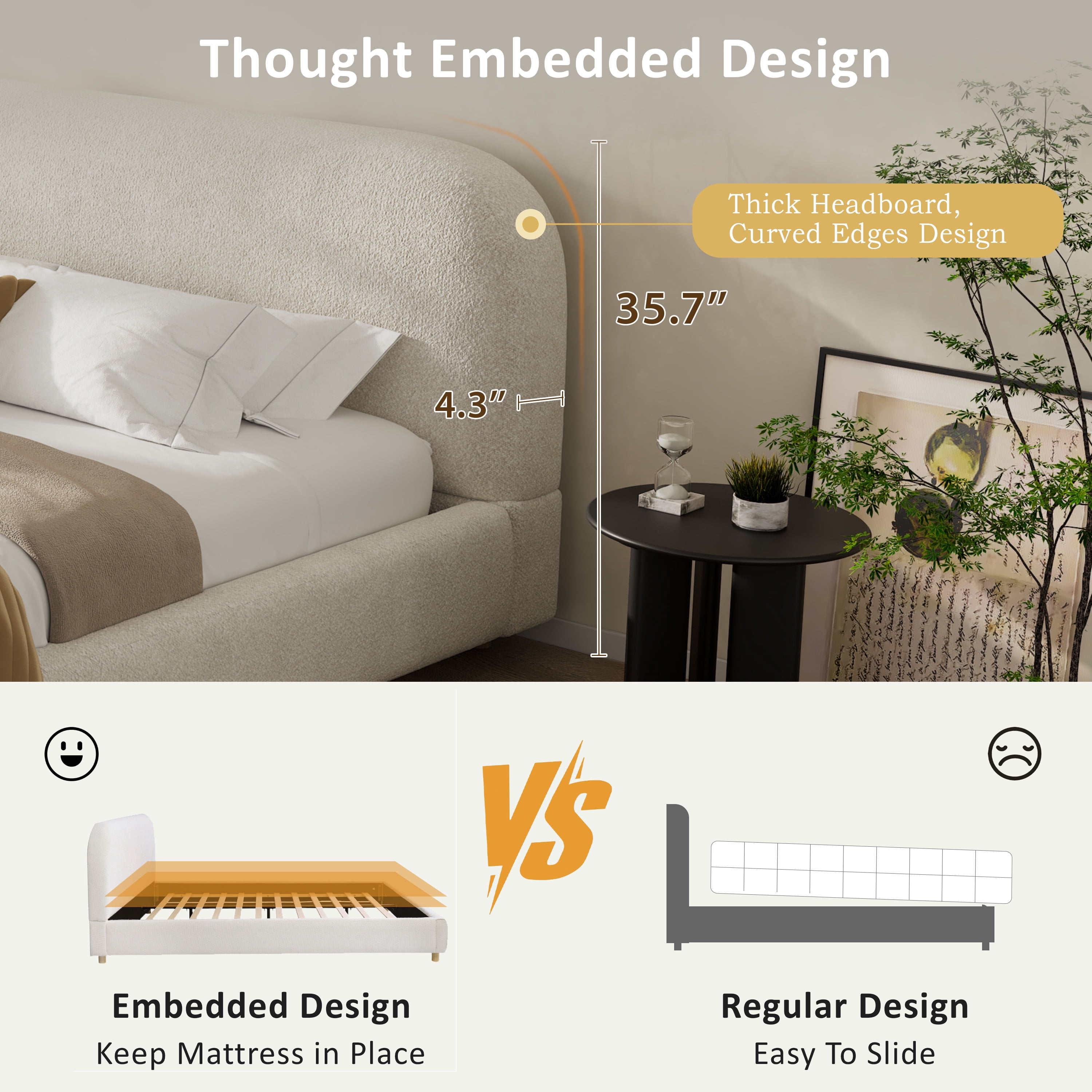 King Size Upholstered Bed Frame with Soft Boucle Fabric, Curved Thick Padded Headboard & Solid Wood Legs, Platform Bed for Bedroom, White