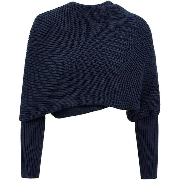 Xiao Hua Bufanda con mangas para mujer, suéter de punto con mangas, poncho cálido de talla grande para otoño e invierno, azul marino