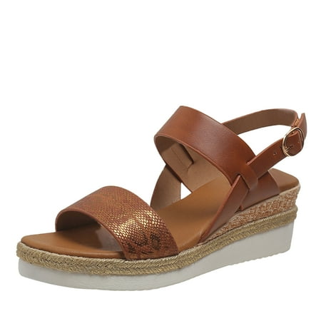 

LUOGENLI Female Sandals Women Wedge Gold Ladies Fashion Lines Print Leather Open Toe Buckle Sloping Heel Thick Sole Sandals Closed Toe Sandals Women Sandalias De Mujer De Vestir Elegantes Wide 37