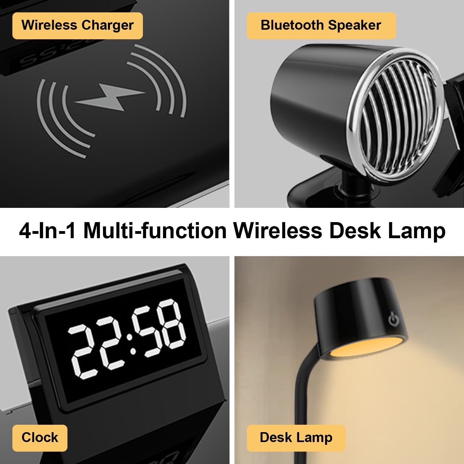 LED Desk Lamp, 4 in 1 Multifunction Table Lamp with Wireless Charger, Bluetooth Speaker Digital Clock, 360° Adjustable Gooseneck Arm with 3 Color Modes Dimmable Lamp for Home Office Bedroom, Black