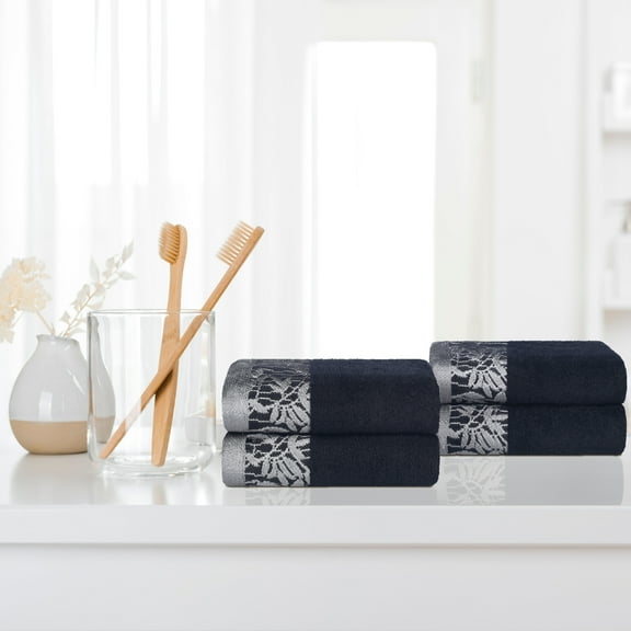 BNM Cotton Floral Border Hand Towel Set of 4, Black