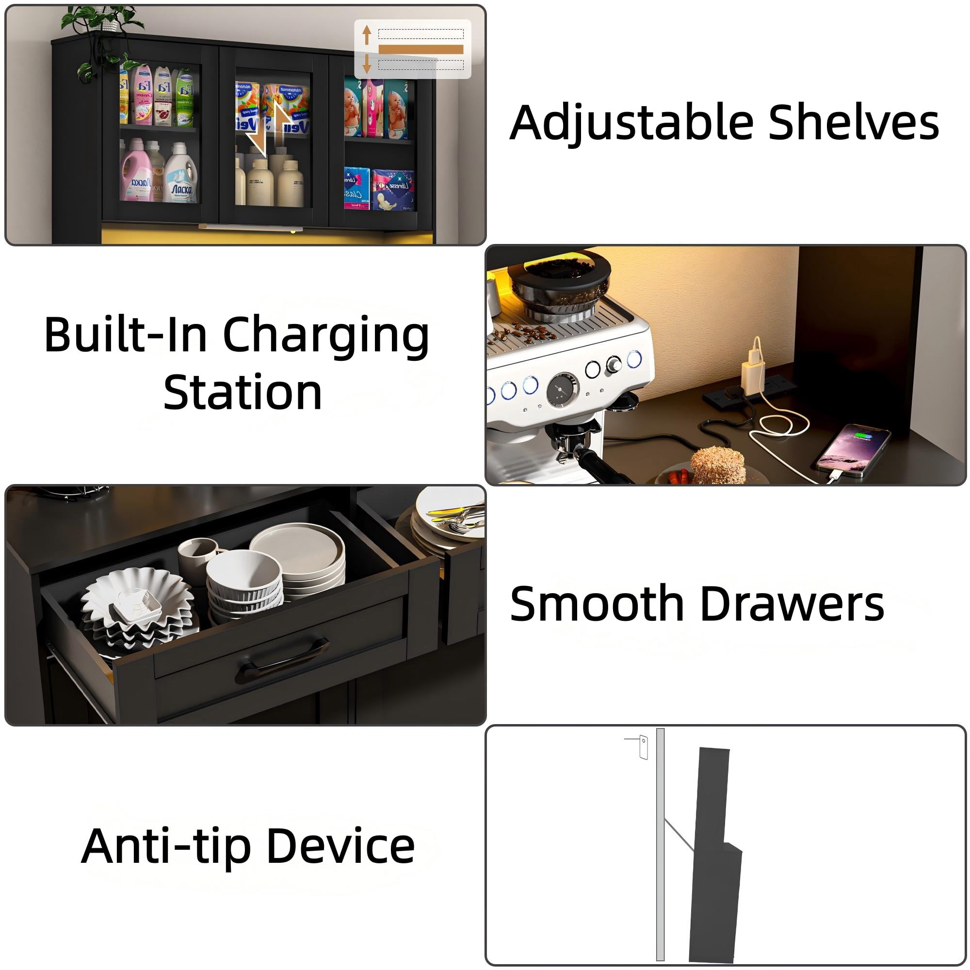 ANPOO 72.1"H Kitchen Pantry Storage Cabinet with Power Outlets & LED light, Kitchen Double Tilt Out Trash Cabinet 13X2 Gallon Garbage Holder with Two Drawers, Freestand Laundry Sort Cabinets