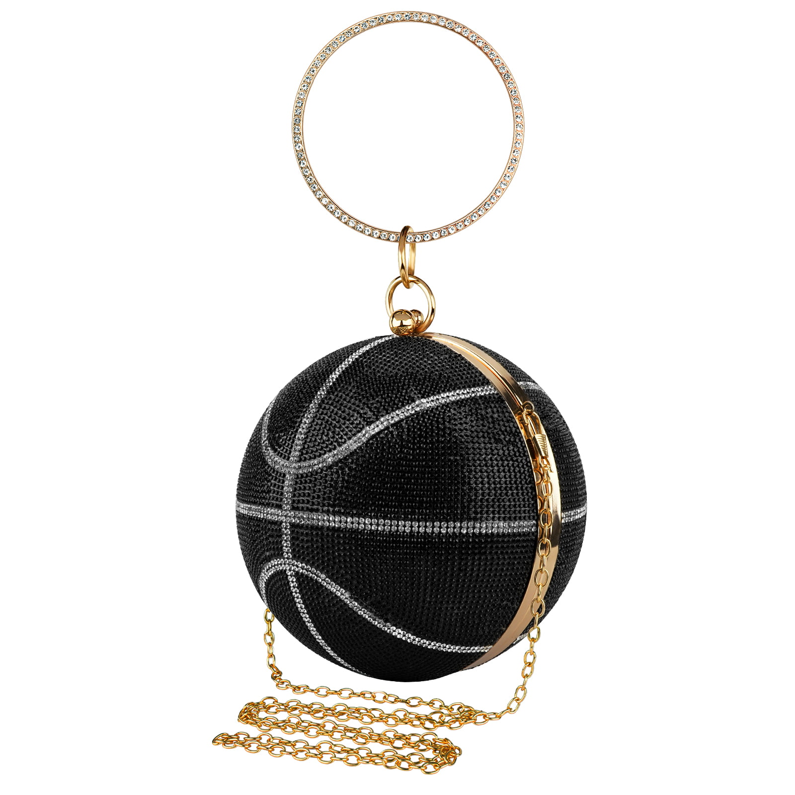 Rhinestone Basketball Purse for Women, Small Round Ball Crystal Evening Bag,  Glitter Clutch Crossbody Shoulder Handbag for Wedding Party (Black) 