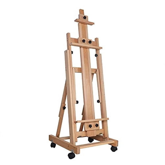 Extra Large Heavy-Duty Artist Easel, H-Frame Professional Art Floor Easel for Painting Canvas Red Beech Wood Painting Art Easel with Locking Caster Wheels Adjustable Easel Stand fo