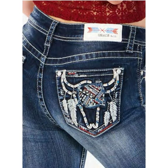 Grace in LA Women's Western Steer Head Feather Embroidered Bootcut Stretch Jeans (25)
