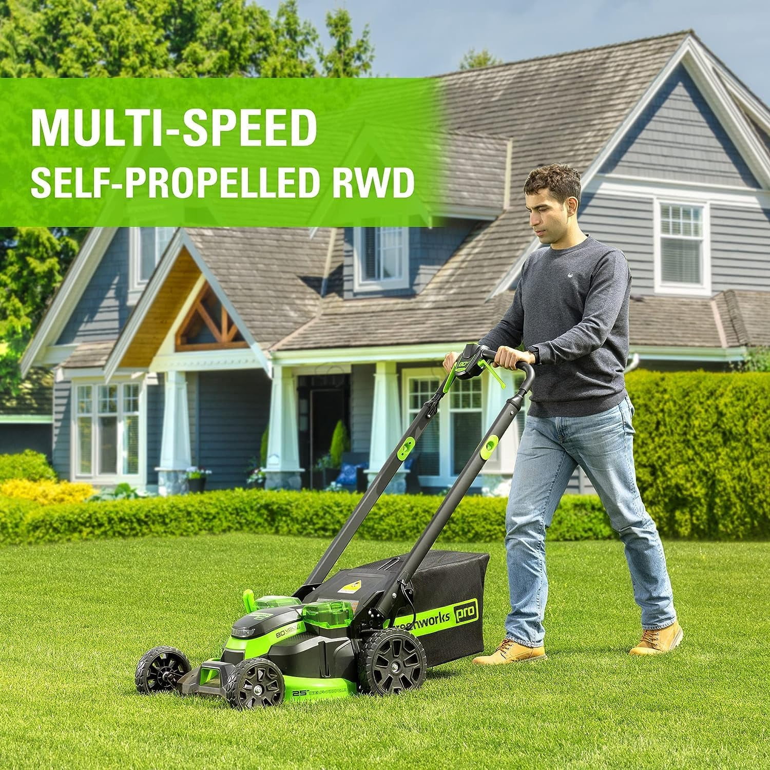 Greenworks 80V 25" Cordless Battery Brushless Self-Propelled Rear Wheel Drive 3-in-1 Lawn Mower,16" String Trimmer Combo Kit w/ (1) 4.0Ah Battery and (1)Rapid Charger