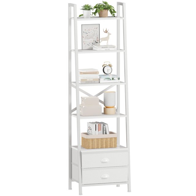Estantería escalera Furologee de 5 niveles con 2 cajones, blanca