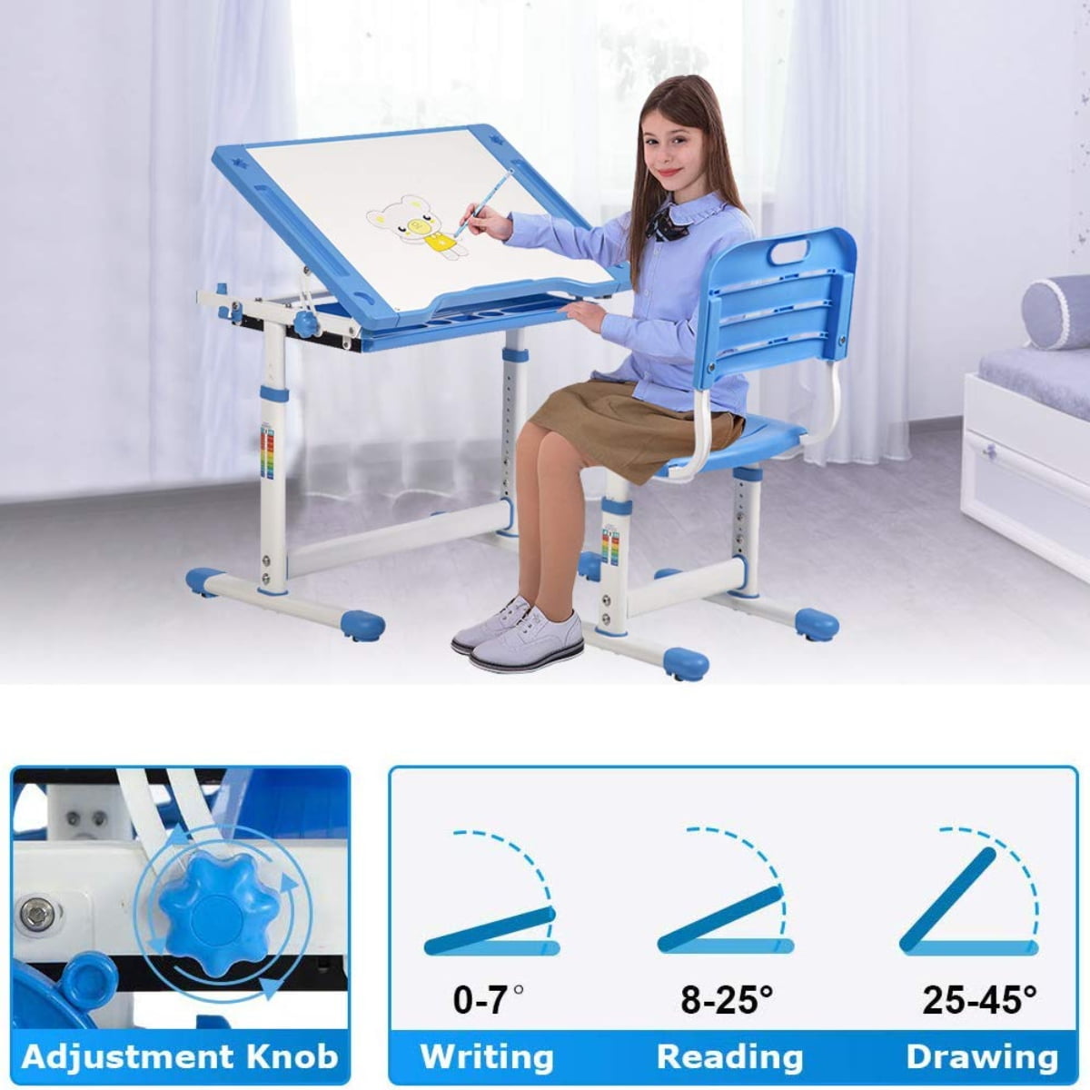 Kids Desk and Chair Set Height Adjustable Ergonomic Children Sturdy Table with Drawer Storage Childs Study School Desk Interactive Workstation Kids Art Writing Desk Furniture for Girls Boys  (Blue)