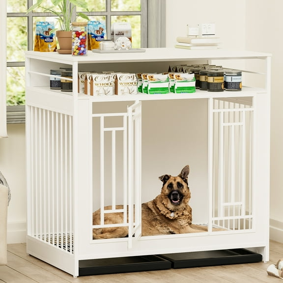 Dog Crate Furniture for Large Dogs,Wooden Double Door Dog Kennel with Three Drawers Storages,Heavy Duty Dogs Decorative Pet House for Large Medium Dogs ,White