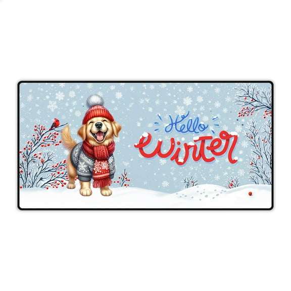 Hello Winter Golden Retriever Smiling in Red Scarf Hat Welcome Christmas Desk Mat Full Keyboard Mouse Pad Goldens Dog Lover Gifts Idea Large Mousepad - 00017