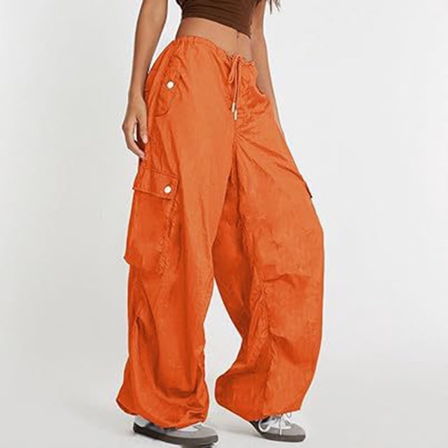 Clearance & Promo,Womens Casual Pants, Loose Fit Cargo, Pockets Drawstring, Low Waist, Solid Color, Comfortable Stretch, Versatile Everyday, Travel, Workout Stylish Silhouette|100%Polyester,Orange