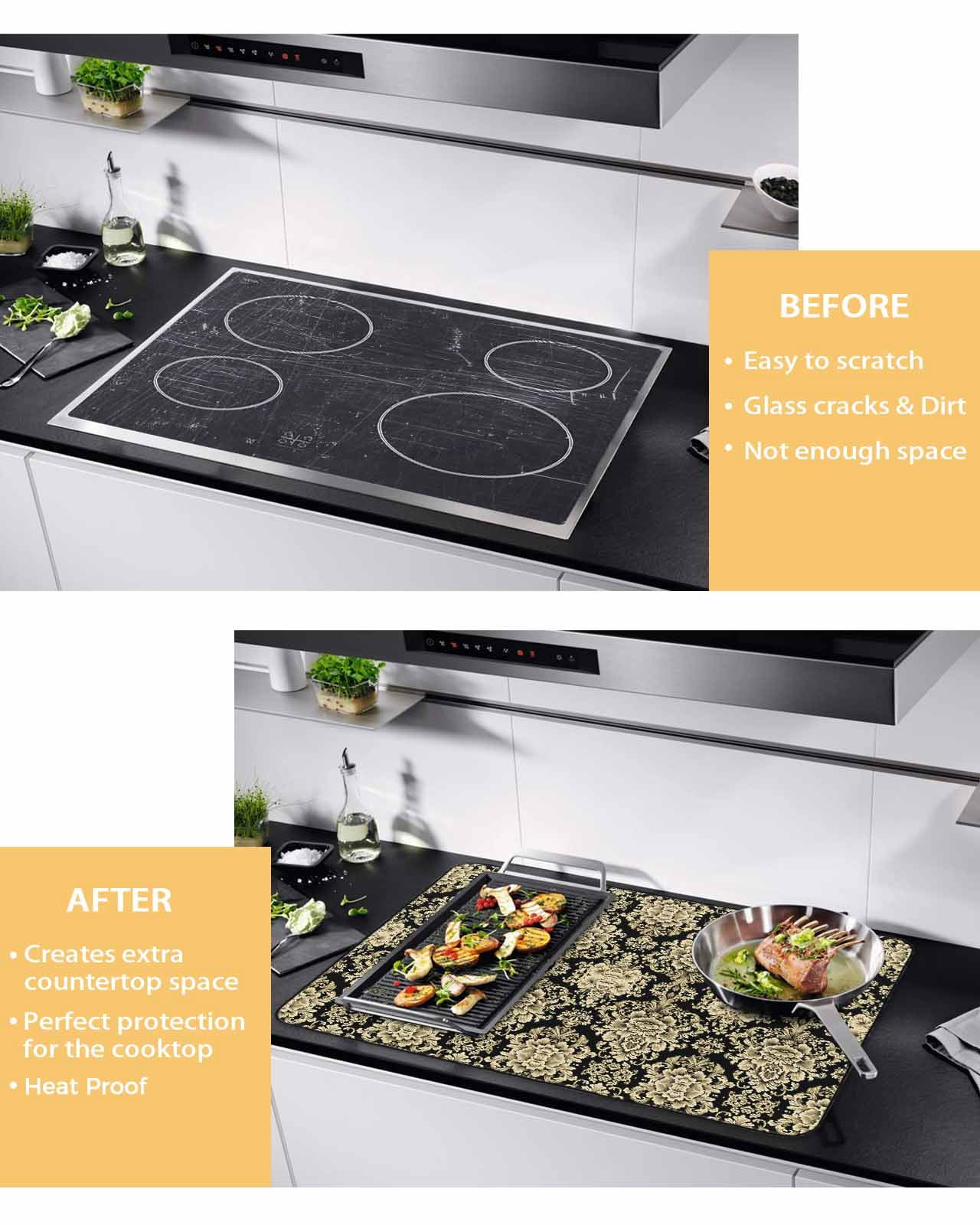 nqOlkjepod Large Induction Cooktop Protector Mat 24"x21", Vintage Floral Boho Stove Top Covers for Electric Stove, Retro Ethnic Tribe Abstract Art Stove Burner Cover Mats, Glass Top Stove Cover