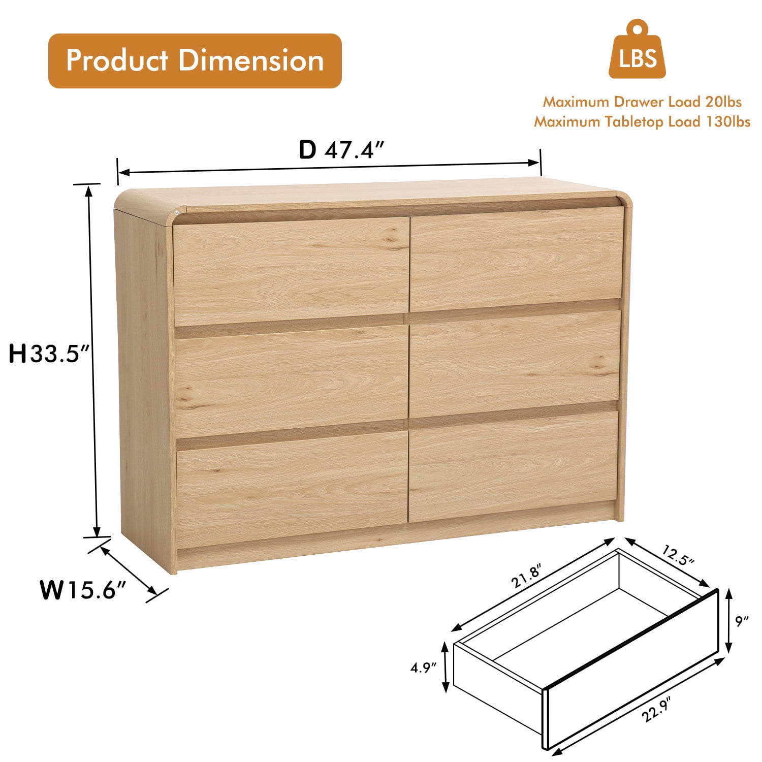 WACASA 6 Drawer Dresser for Bedroom, Brown Bedroom Dresser for Closet with Round Edge, Modern Wood Dressers & Chests of Drawers for Living Room, Hallway