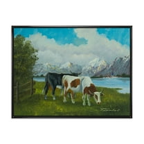Designart 'Cows Eating Grass In Front Of A Lake' Farmhouse Framed Canvas Wall Art Print