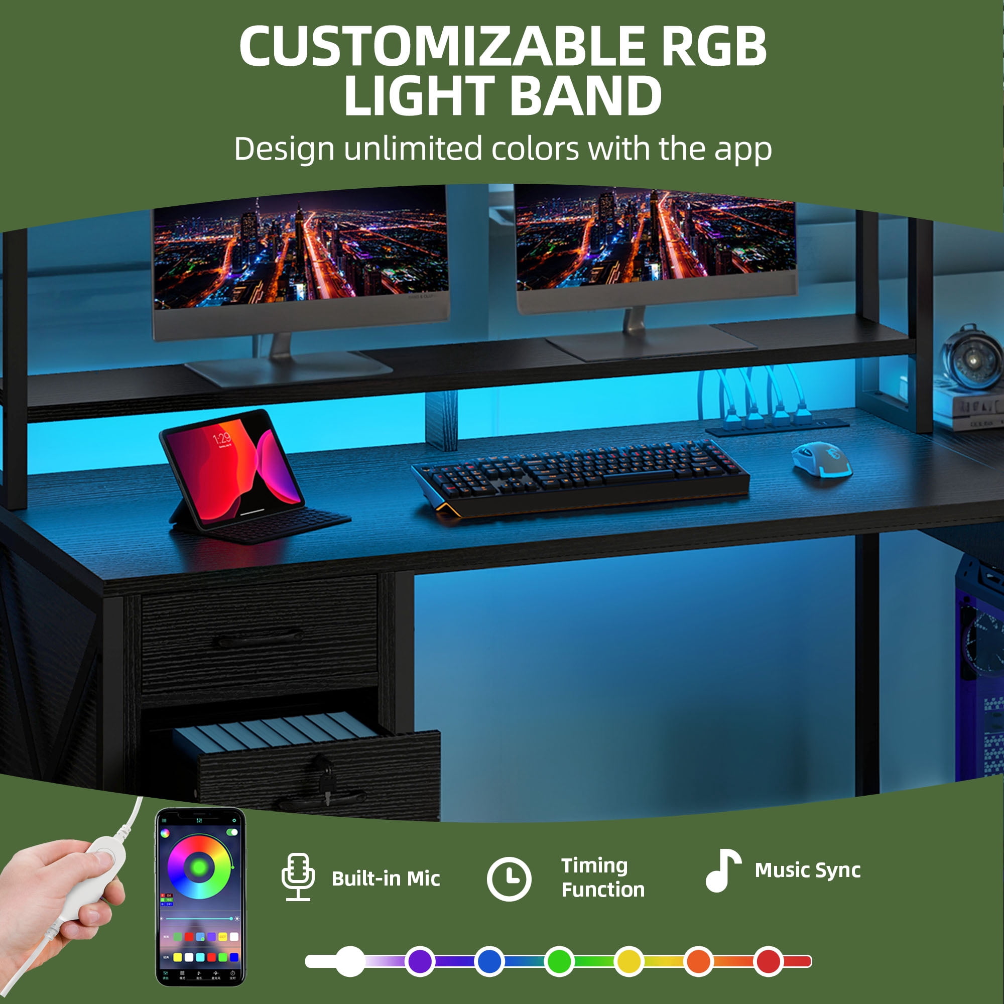 Uforic 59.1"Computer Desk with Power Outlets & Hutch, Office Desk with Storage Shelves & Drawers, Black
