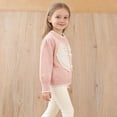 thumbnail image 3 of Suéter de cuello redondo para primavera y otoño e invierno para niñas, suéter con lazo en forma de corazón y botones de perlas, cárdigan de manga larga, suéter para niños, parte superior de poliéster, 3 of 7