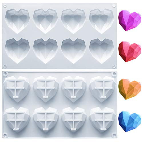 Silicone Molds Diamond Heart-shaped Mold 3D Silicone Cake Mold DIY Dessert Chocolate Mold Jelly Mould Non-stick Baking Tool 8-cavity Diamond Heart-shaped