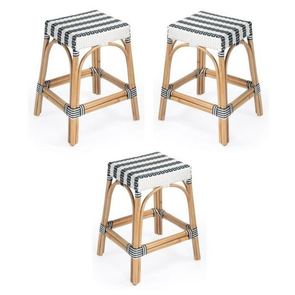 Home Square Navy & White Rattan Counter Stool - Set of 3