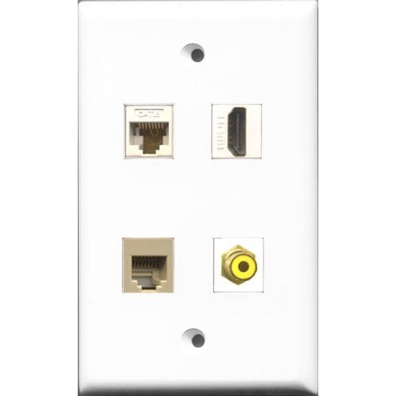 RiteAV 1 Port HDMI and 1 Port RCA Yellow and 1 Port Phone RJ11 RJ12 Beige and 1 Port Cat6 Ethernet White Wall Plate