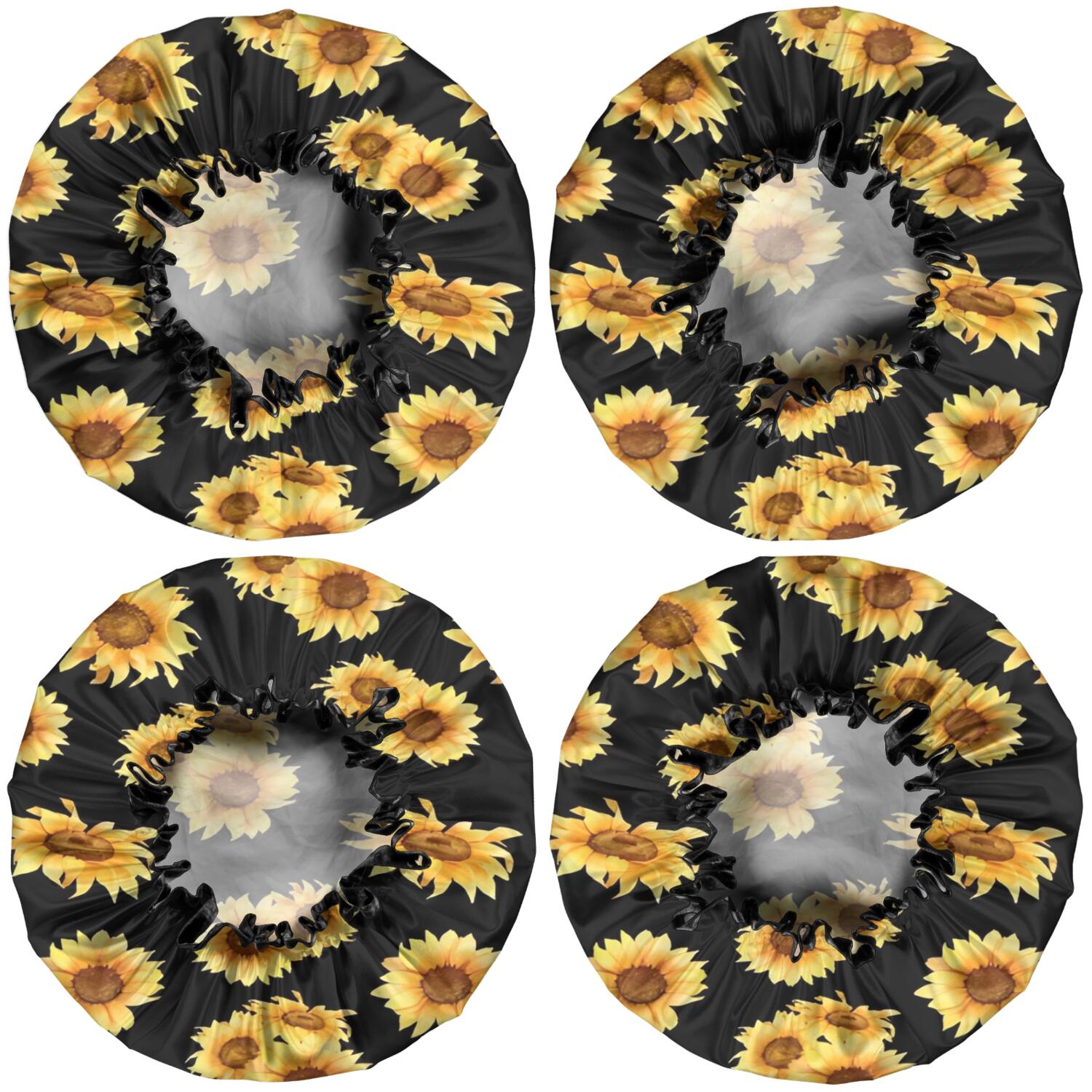 Shower Caps,Black Yellow Sunflower Pattern Waterproof Shower Cap for Women 4 Pieces,Double Reusable Hair Cover for Shower PEVA Elastic Stretch Hem