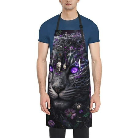 

Ocsxa Purple-Eyed Floral Leopard Apron With Pockets Kitchen Bib Waterproof Resistant Women Men Unisex Adjustable