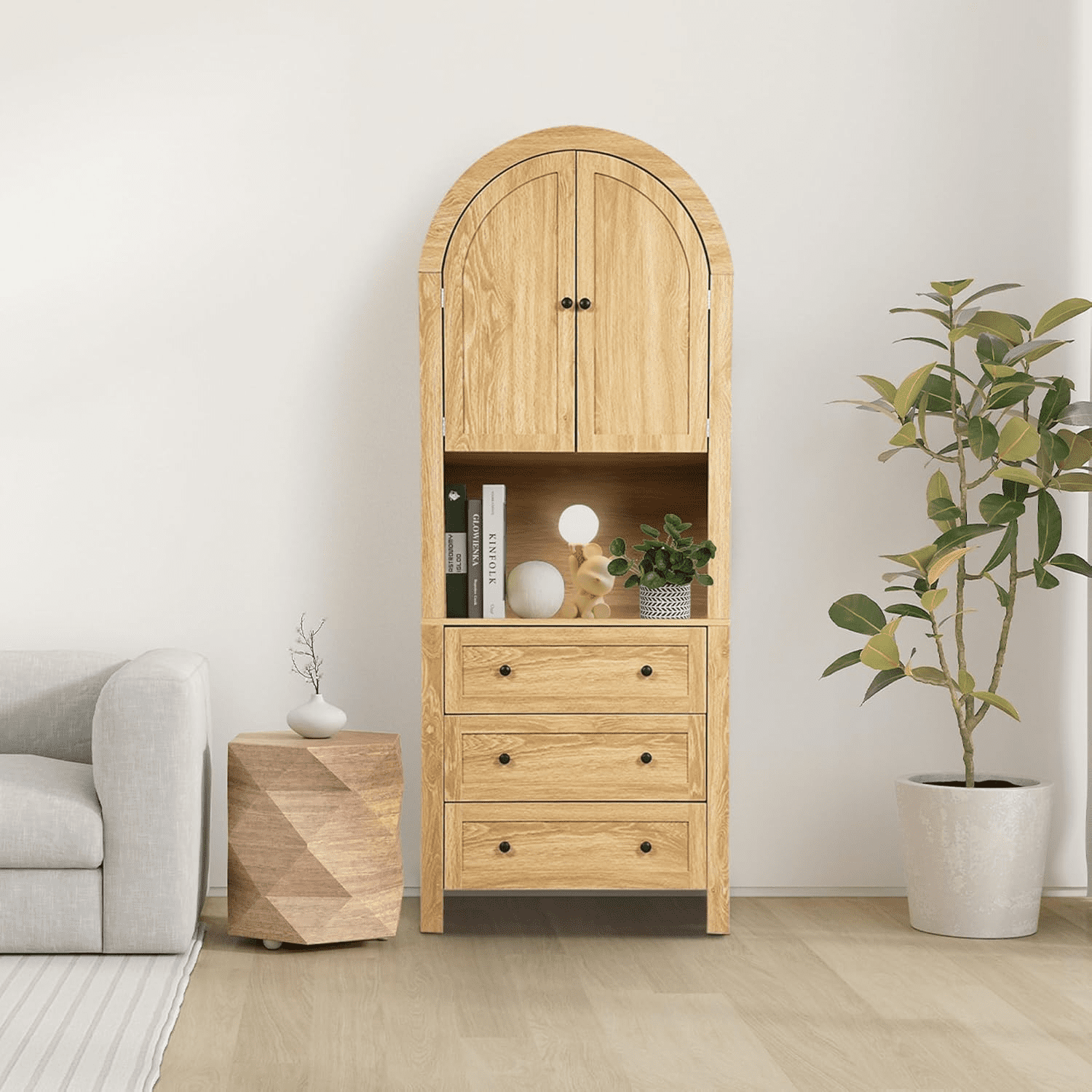 LEFHDA 6-Tier Arched Storage Cabinet with Drawer, Cabinet with Doors and Countertop, Arched Bookcase with Storage, Kitchen Pantry Cabinet, Wooden Storage Cabinet for Living Room