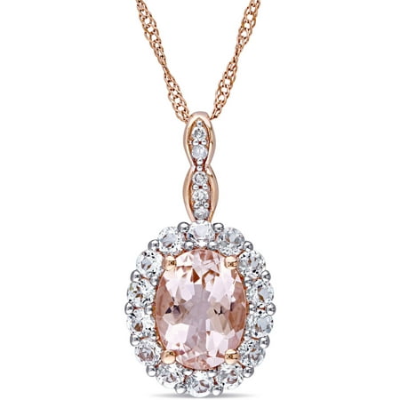 Tangelo 1-3/4 Carat T.G.W. Morganite, White Topaz and Diamond-Accent 14kt Rose Gold Vintage Oval Pendant, 17