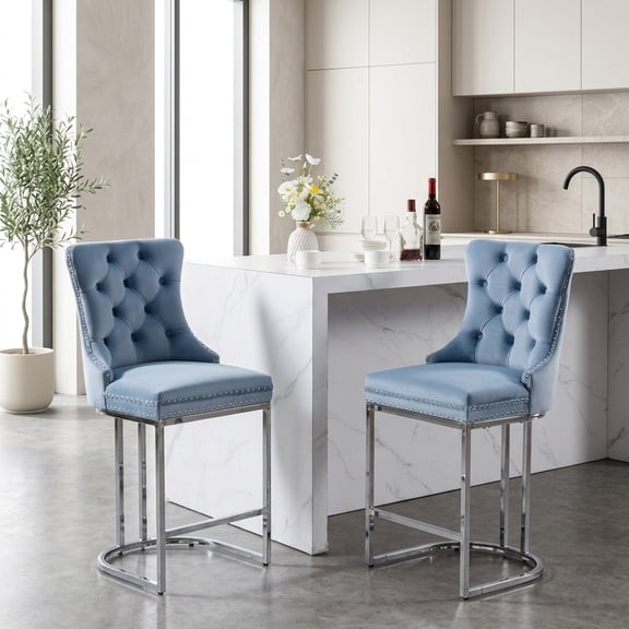 26" Counter Height Bar Stools Set of 2, Modern Velvet Upholstered Kitchen Island Chairs wi