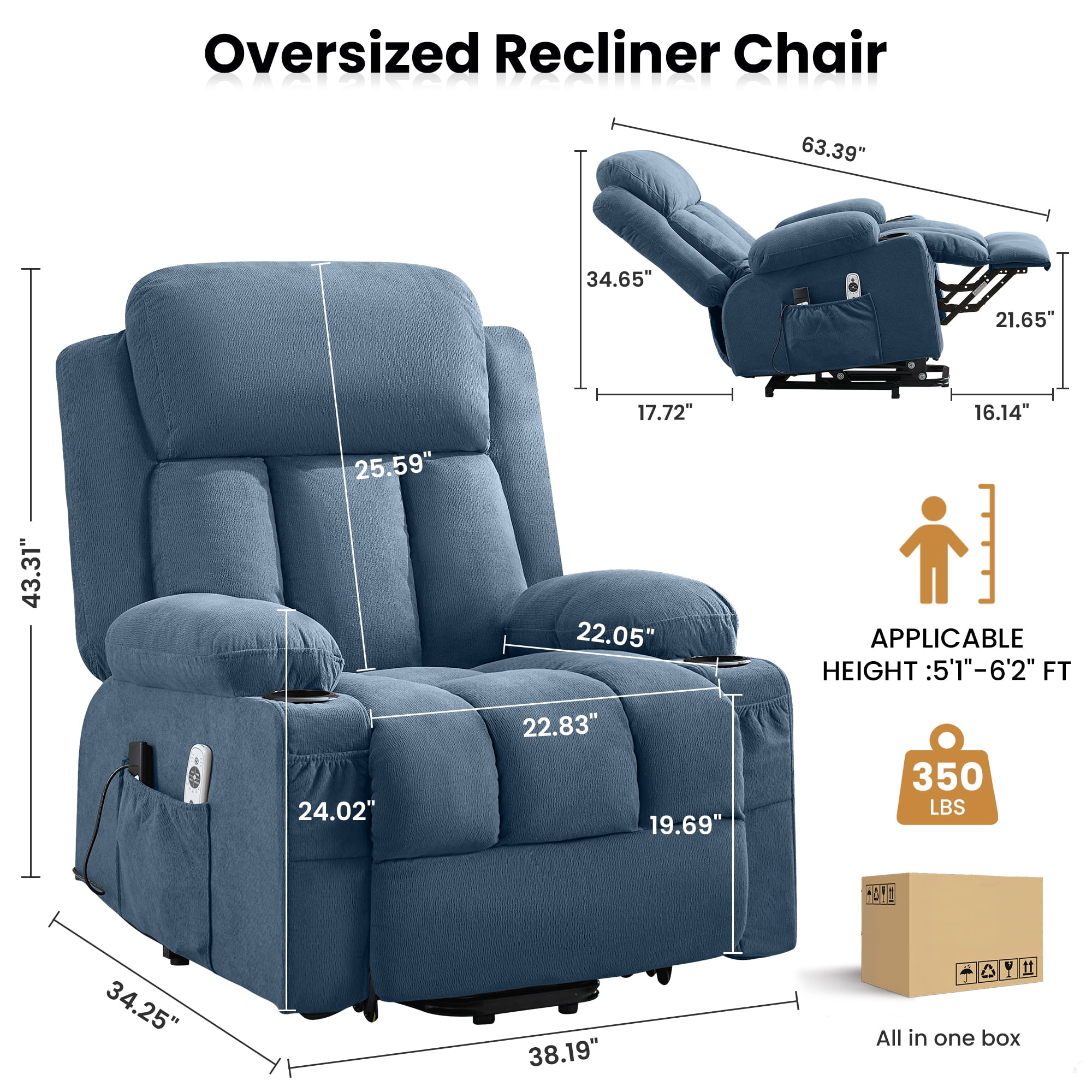 Alvantor Power Lift Recliner Chair for Elderly with Heat and Massage Single Sofa with Ergonomic, Side Pocket, Two Cup Holders for Living Room Blue