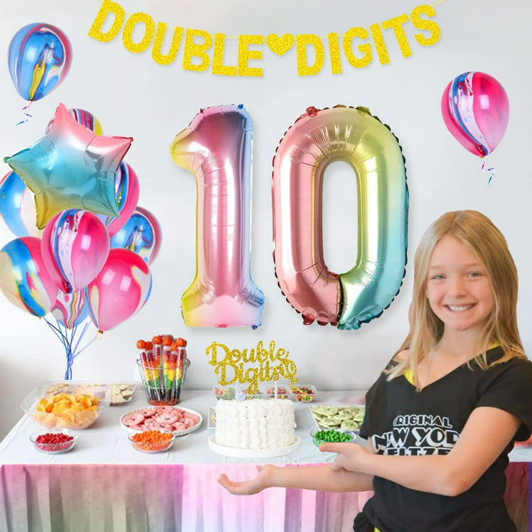 Rainbow 10th Birthday Decorations for Girls Double Digits Birthday Party  Supplies Include Rainbow Happy Birthday Balloon Gold Double Digits Banner  Cake Topper Giant Number 10 Star Foil Balloons 