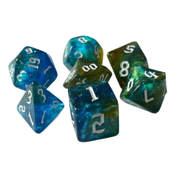 7 dados poliédricos para juegos de rol, color azul y dorado Q