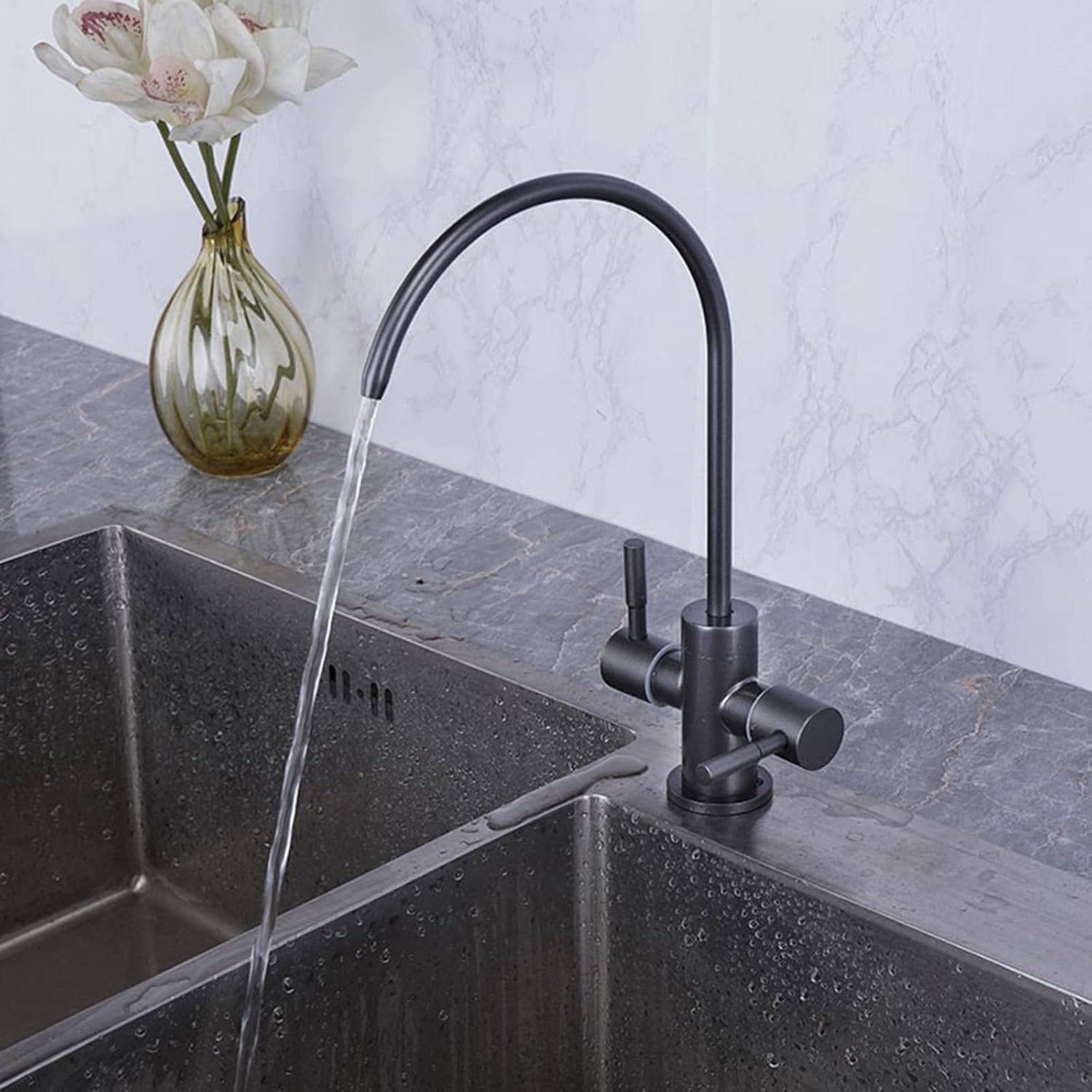 Kitchen Faucet Water Filter Swivel Single Cold Water Stainless Steel Single Hole Dual Outlet Water Purifier Faucets-Grey
