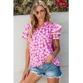 thumbnail image 5 of Women's Pink Floral V-Neck Ruffle Sleeve Blouse with Ric Rac Detail, 5 of 12