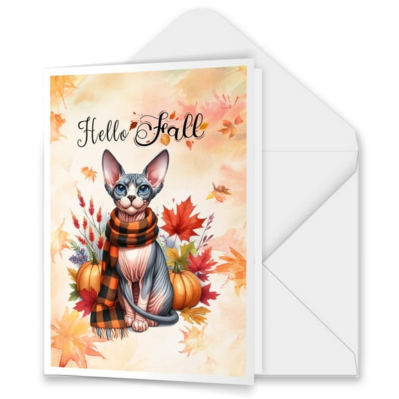 Hello Fall Sphynx Scarf Welcome Autumn with Leaves Pumpkins 5x7in Folded Greeting Card Cat Lover Kitten Owner Gifts Idea Single Note Card with Envelope - 00011