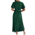 thumbnail image 6 of Qiylii Women's Casual Dresses V Neck Short Sleeve Pleated Big Hem Solid Color Long Dress with Belt, 6 of 7