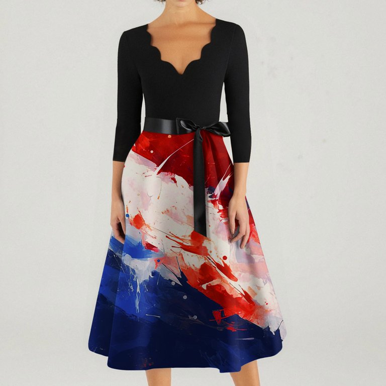 Red White Blue Dress, 4Th Of July 50S Prom Dress Casual V Neck Short Sleeve  Tunic Cocktail Dresses Sexy Mesh For Women Dresses Date Night The Groom  Dresses Romper Dresses (S, Deep