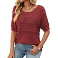 thumbnail image 3 of Womens Short Sleeve Sweaters Summer Round Neck Pullover Sweater Crochet Tops Red XL, 3 of 9