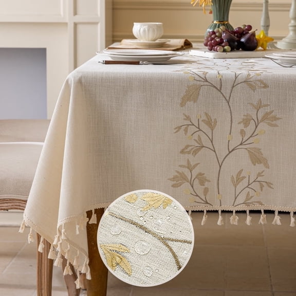 NIUBIER Cotton Linen Waterproof Tablecloth,Rectangle Table Cloth with Tassels for Dining Table Farmhouse Kitchen,Coffee Flower, 55''x86''