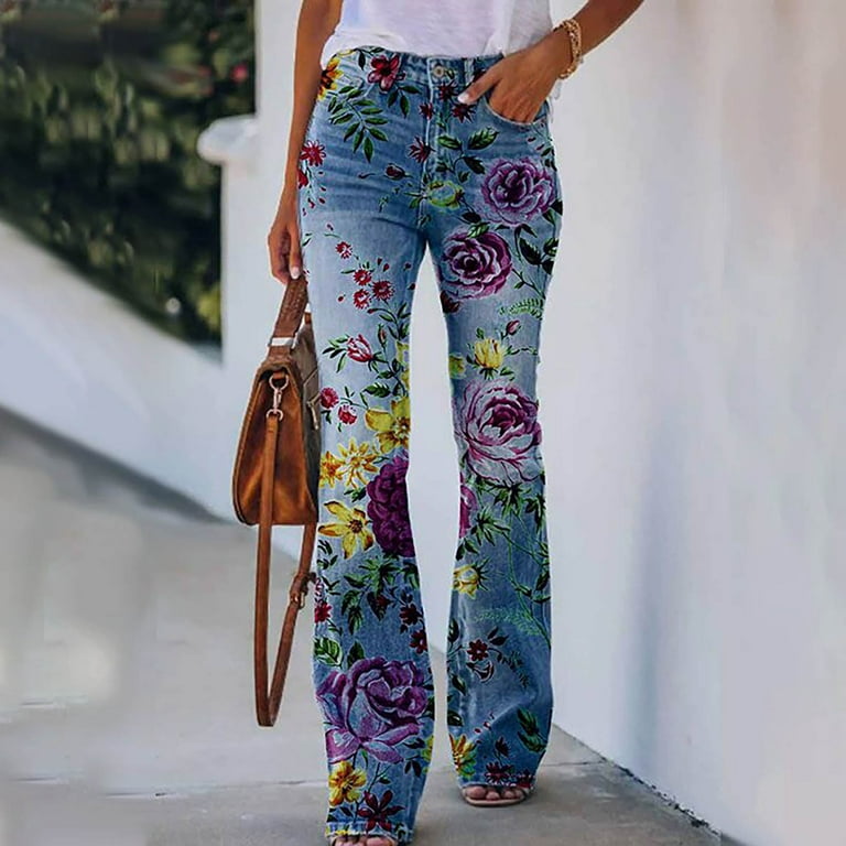 Hfyihgf Bell Bottom Jeans for Women High Rise Flared Floral Print Stretch  Jean Wide Leg Bootcut Slim Denim Pants(06#Blue,XL) 