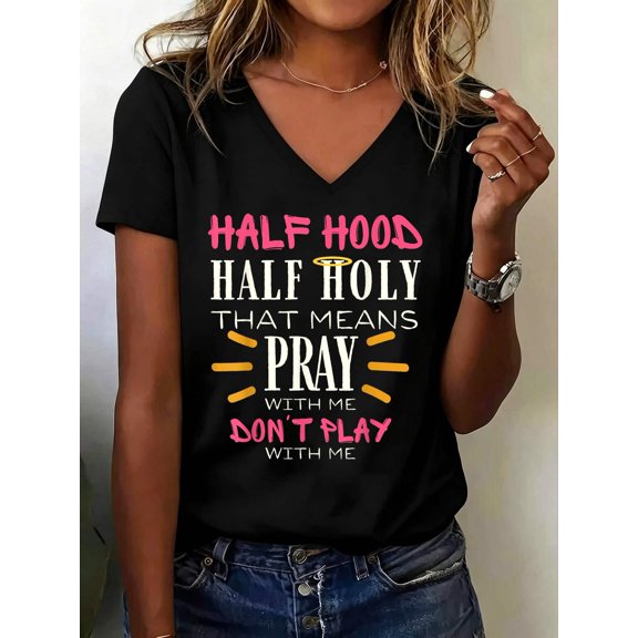 Half Hood Half Holy Funny Christian Religious Humor Cute V Neck T-Shirt Cotton Women's V Neck Graphic Tee, Casual Short Sleeve Shirt,Vacation Outfit