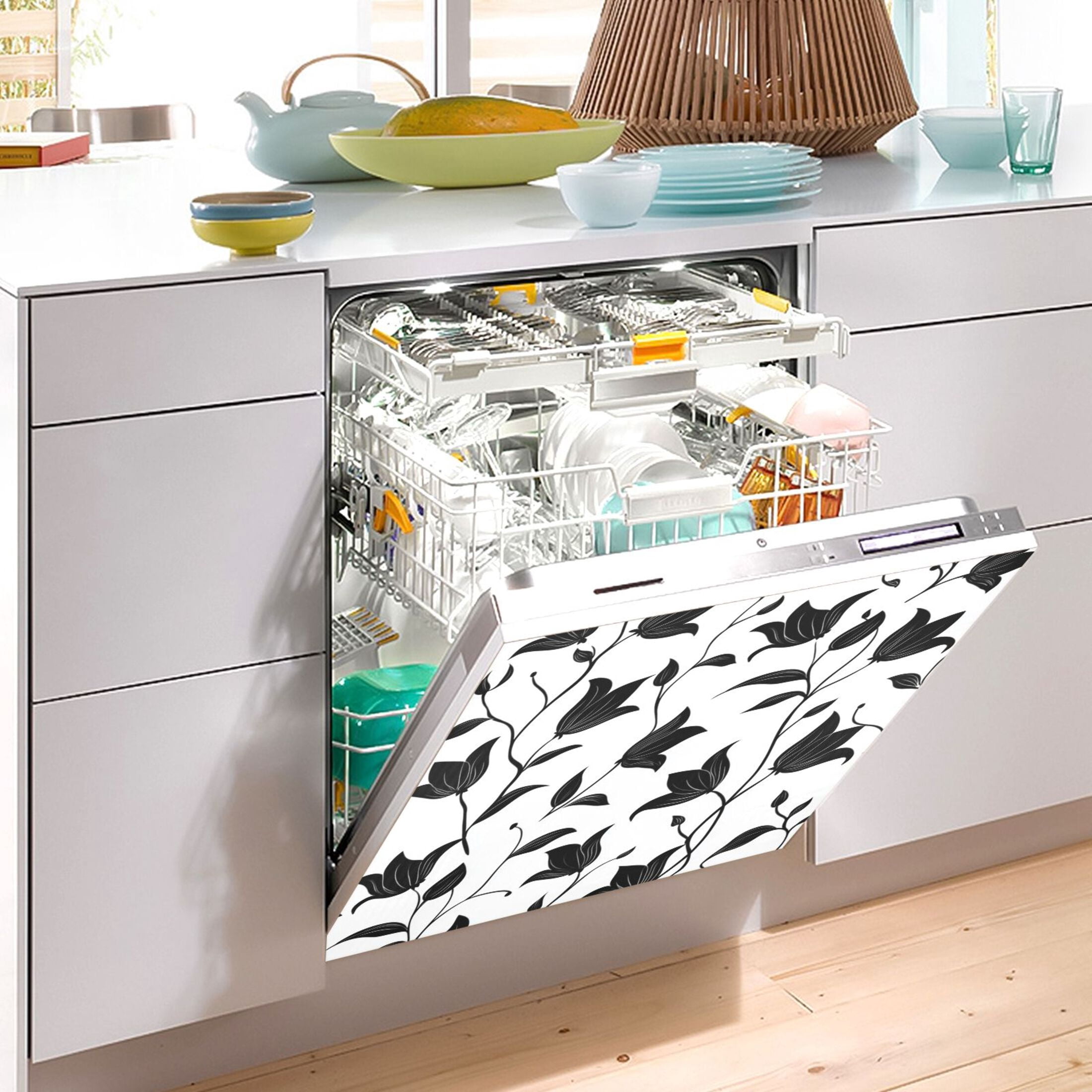 Dishwasher Magnetic Sticker 23x26 Inch Refrigerator Magnetic Sticker Washing Machine Magnetic Sticker Kitchen Panel Magnetic Sticker Home Decor Black Cartoon Flower