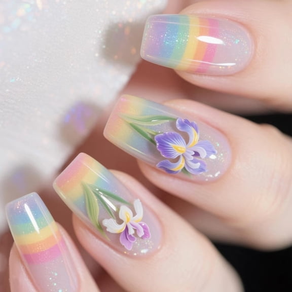KUFptva 24 Pcs Colorful Press On Nails Long Square False Nails Lovely Flowers Acrylic Nails Glossy Full Covers Stick on Nails