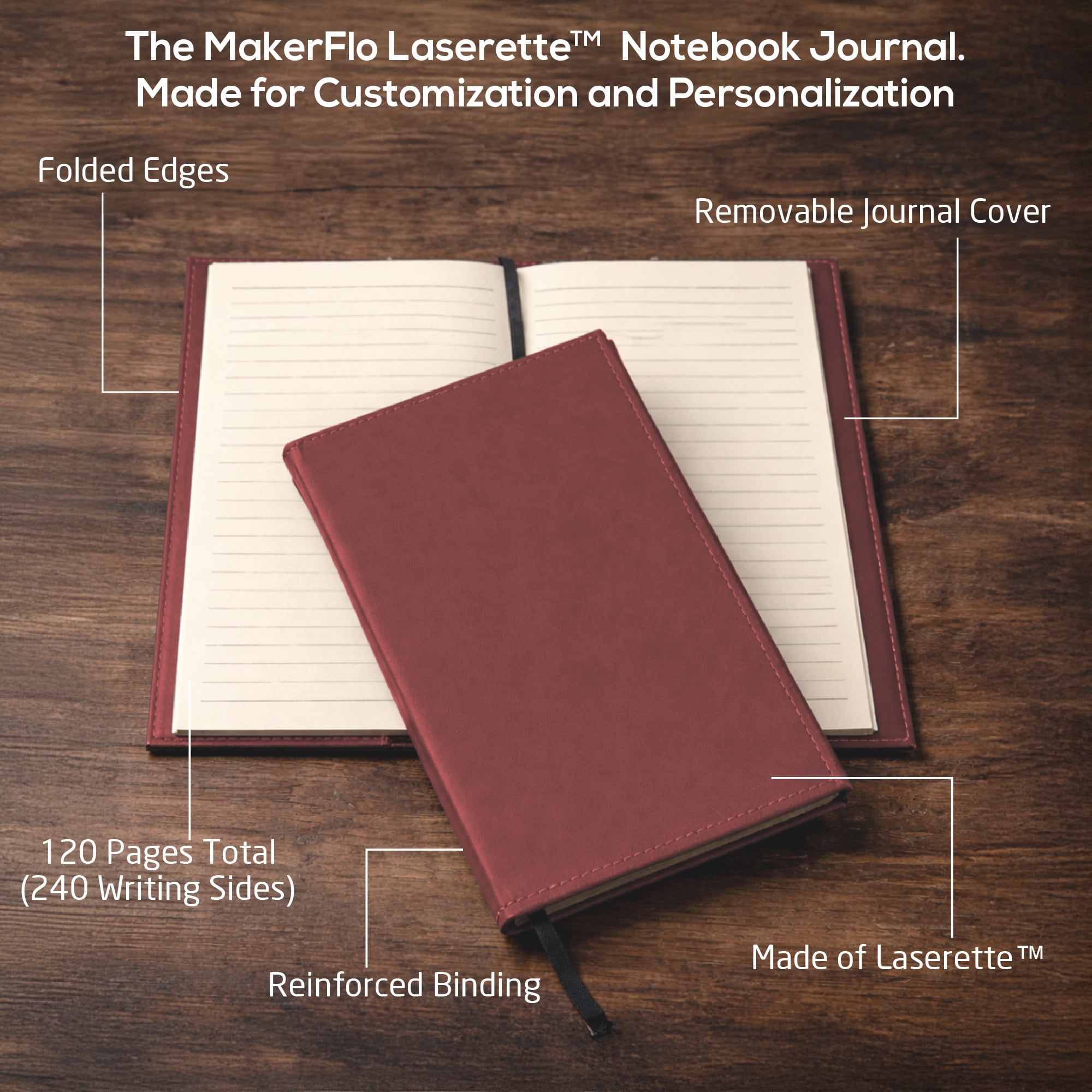 MakerFlo Laserette Refillable Journal, 8.75 x 5.5 in, Vegan Leather Cover with Lined Pages (Pack of 12), Red