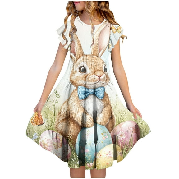 Riecok Summer Dress for 6 - 15 Year - Old Girls: Short - Sleeved Round - Neck, Easter Print, Waist - Tightening, Pocketed and Tiered Multicolor 6-7 Years