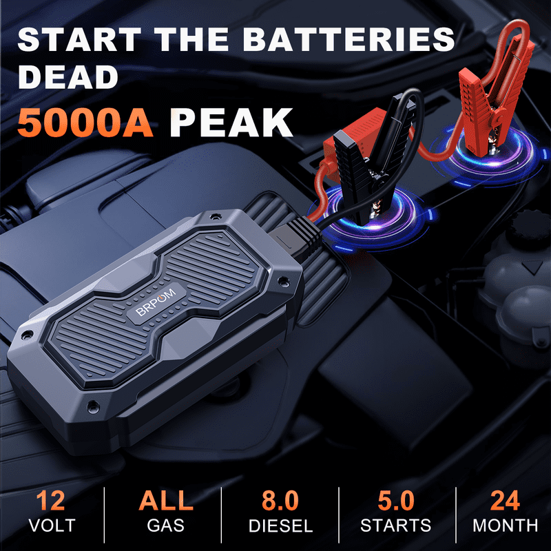 BRPOM 5000A Jump Starter, 12V Portable Car Jump Starter 15800mAh Car Battery Pack for Up to ALL Gas & 8L Diesel Engines, Battery Booster Charger Jump Box with 3 Modes LED Flashlight, Jumper Cable