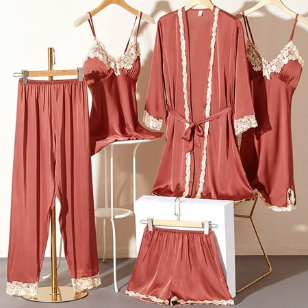 

CoCopeaunt 5PC Silk Robe Sleep Suit Womens Lace Satin Pajamas Gown Set V-Neck Cami Nighties Wear Pijama Home Nightwear Spring Nightdress