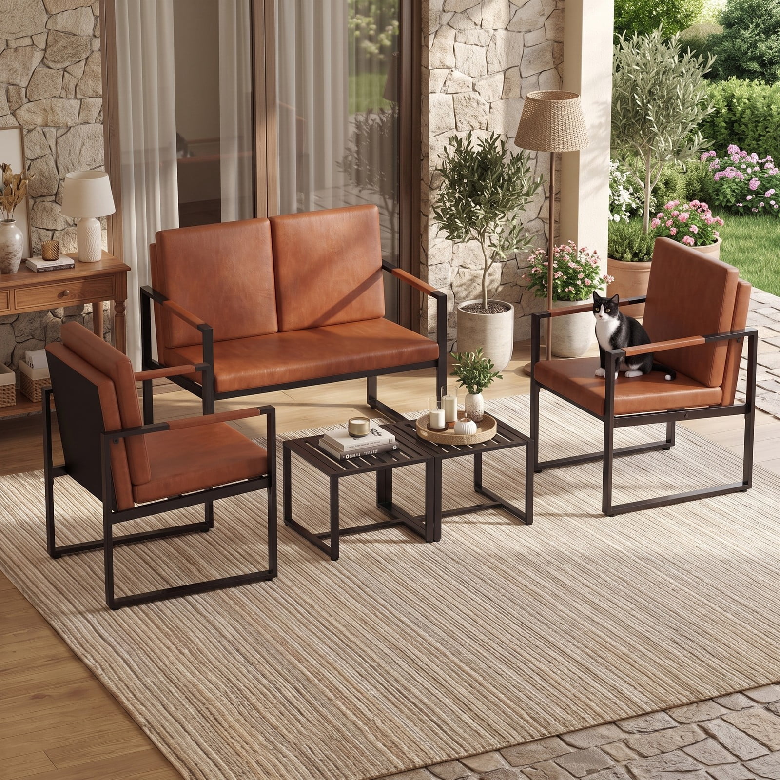 Furnibear Modern Loveseat Sofa 2 Seater Small Couch, Faux PU Leather Upholstered Love Seat with Sturdy Metal Frame and Removable Back Pillows for Apartment, Brown