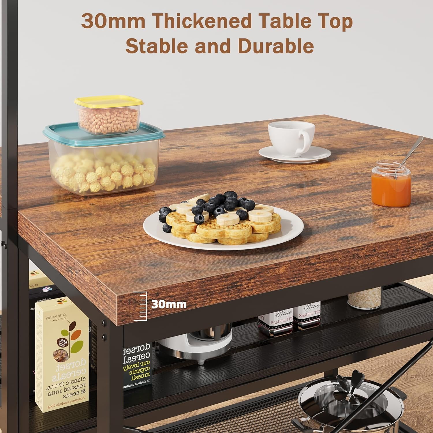 Trilenars 42inch Kitchen Island with Storage & Seating - 3-Tier Bakers Rack,Microwave Stand with 5 Hooks and 5 Rack,Multi-Function Island Table for Small Spaces,Retro color top plate