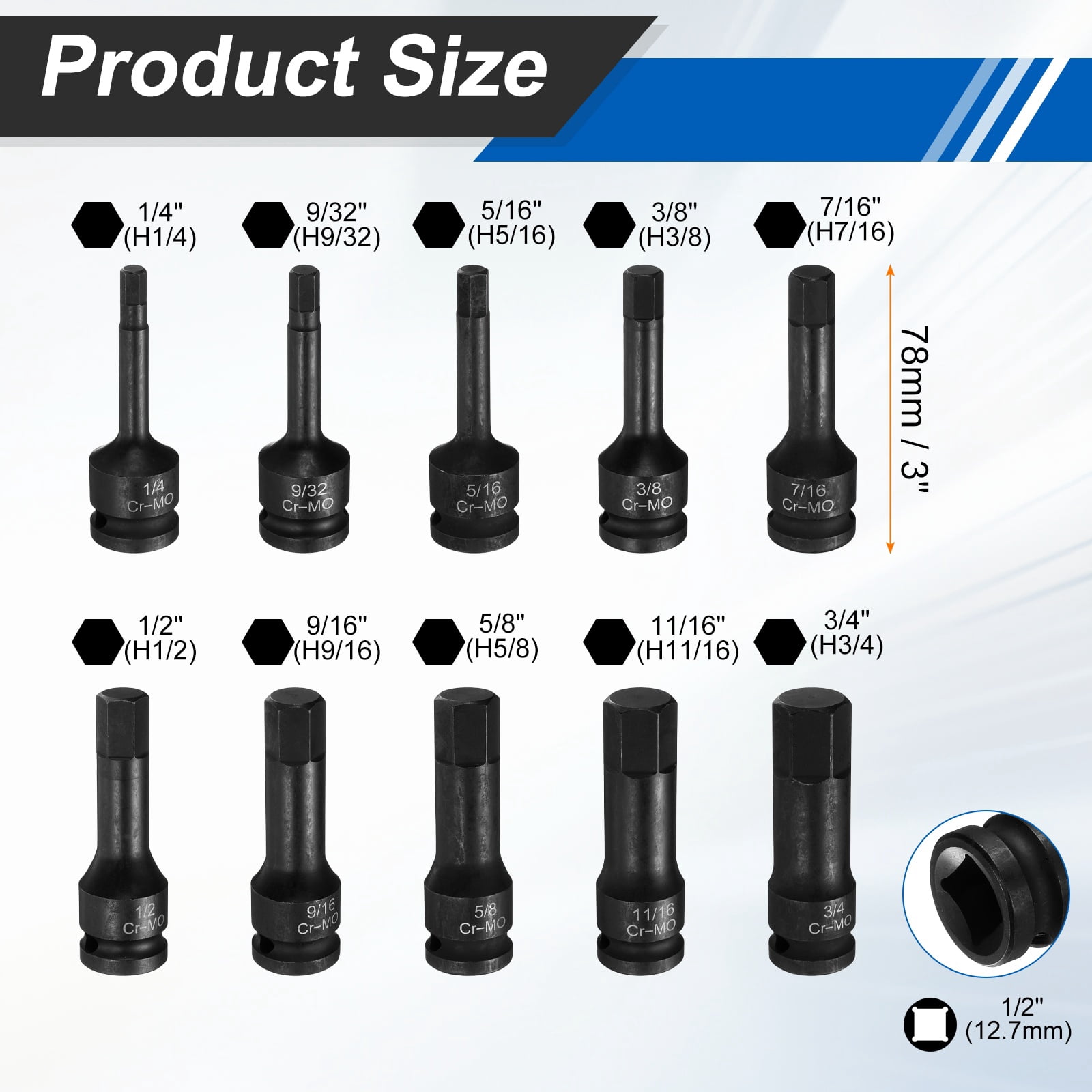 Uxcell 1/2" Drive Impact Hex Bit Socket Set 1/4,9/32,5/16,3/8,7/16,1/2,9/16,5/8,11/16,3/4 Inch SAE CR-MO Steel 6-Point Sockets with Cotter Pin for Power Drill Drivers Adapter